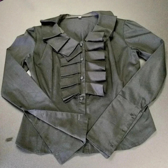 Womens Black Ruffle Trim Curved Hem Button Front Long Sleeve Blouse Size Medium - Picture 5 of 14